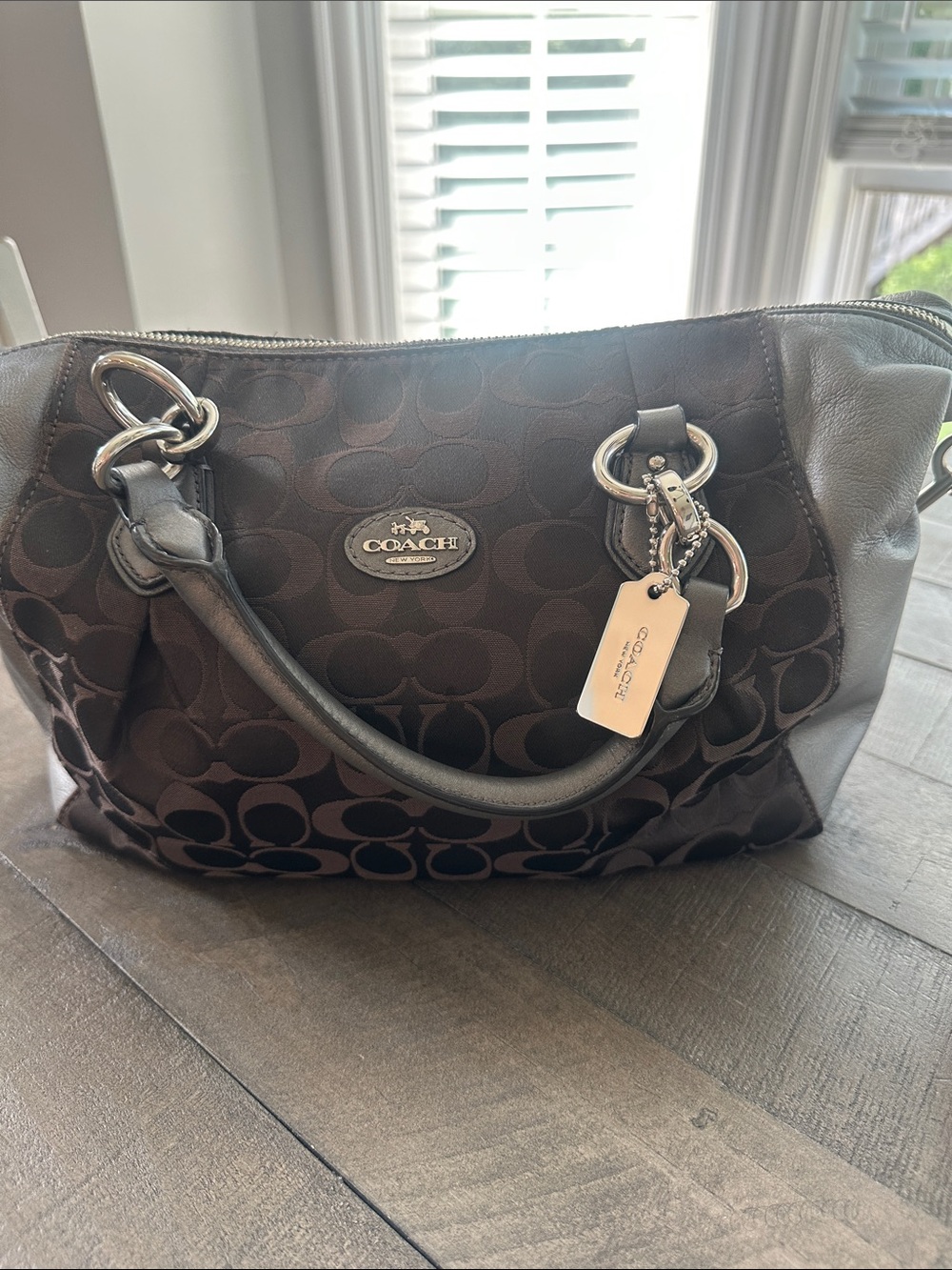 Coach Black Signature Satchel with Leather Trim